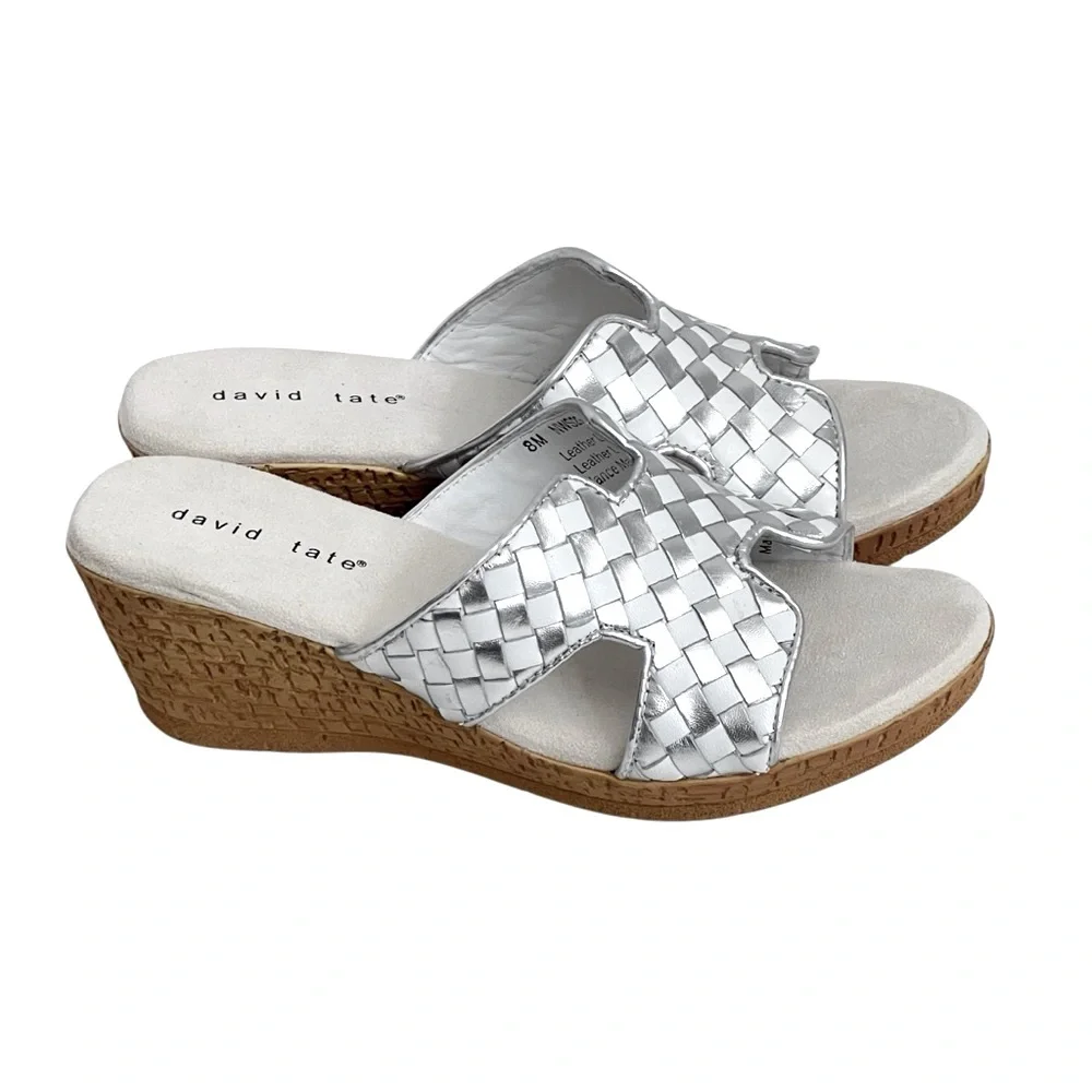 David Tate‎ Moderno Slip On Wedges Sandals Leather Upper Open Toe Silver